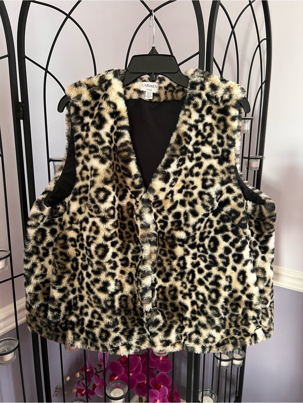 Carmen Marc Valvo Leopard-Print Faux Fur Vest in Black and Cream